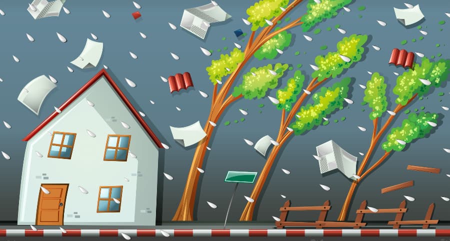 Representation of a storm impacting a house and the surrounding environs