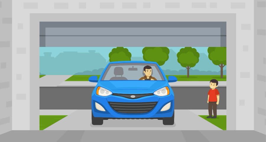 Illustration of a man driving into his garage with a child waiting nearby.